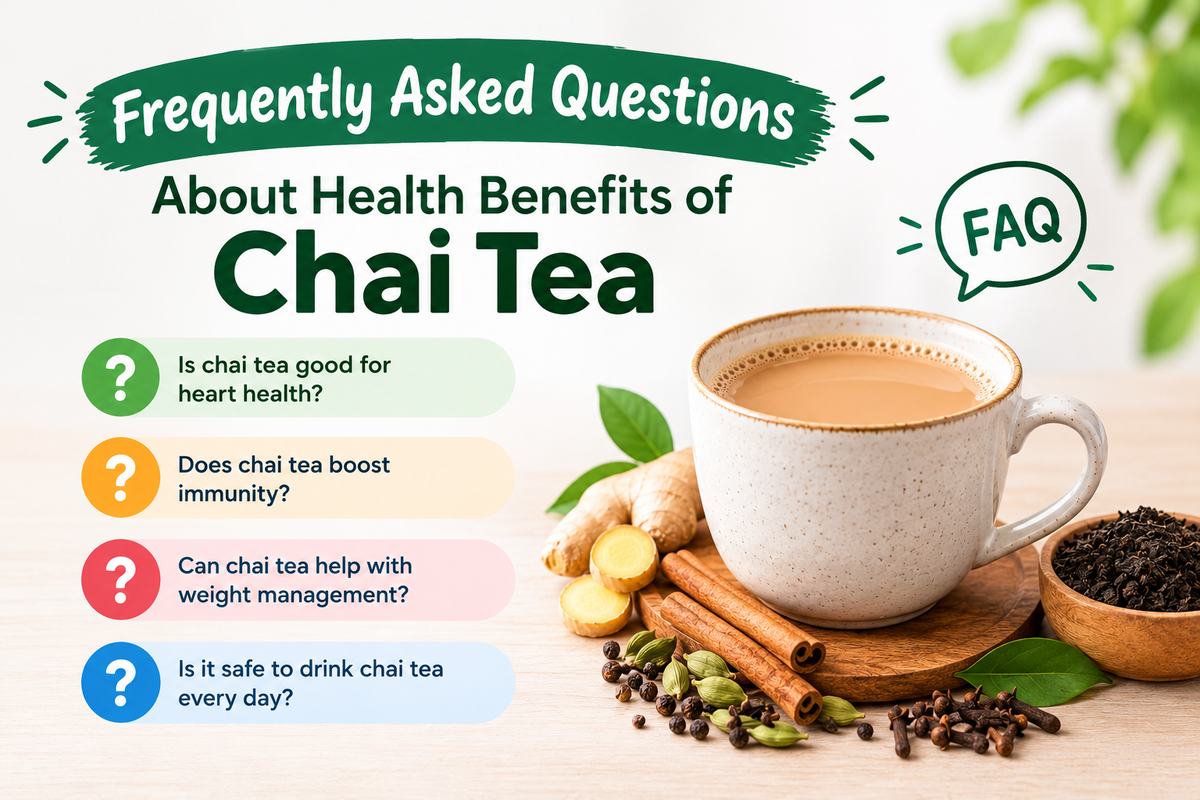 Frequently asked questions about chai tea health benefits with a cup of spiced tea.