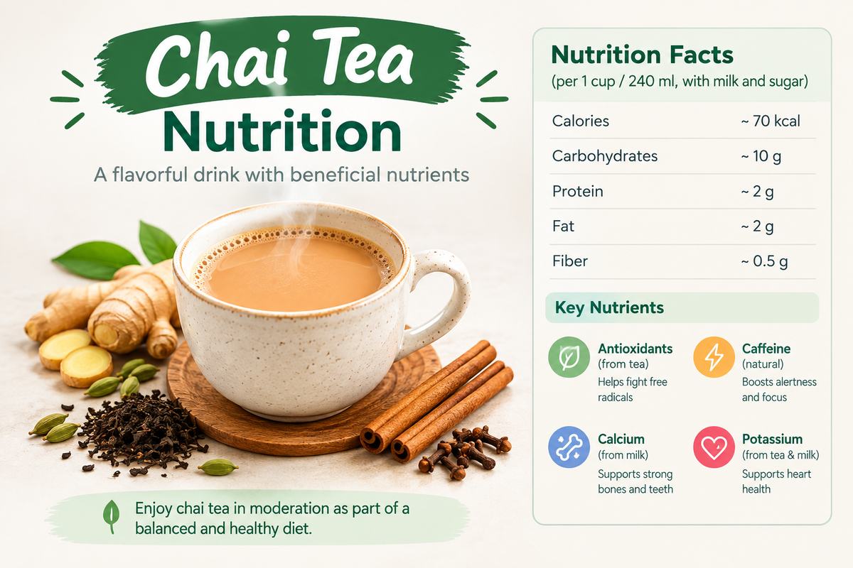 Chai tea nutrition infographic with a cup of milk tea, ginger, cinnamon, and spices.